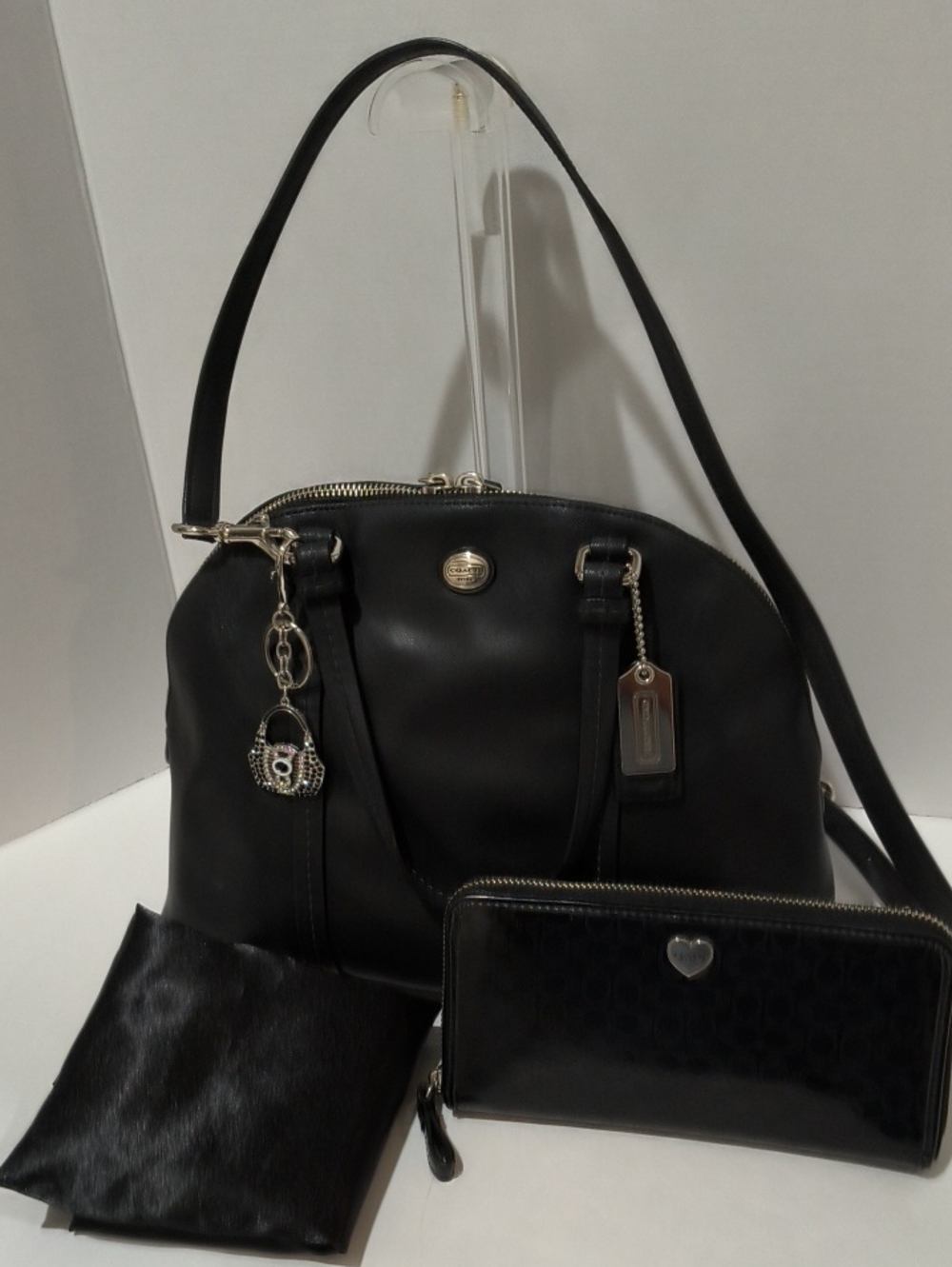 Coach Black Leather Dome Satchel with Wallet and Charm